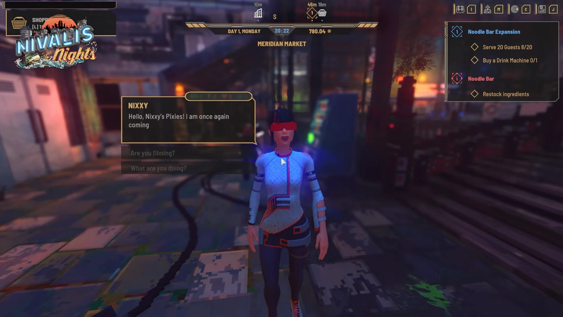 Third person and first person protagonist interaction in Meridian Market with quest log