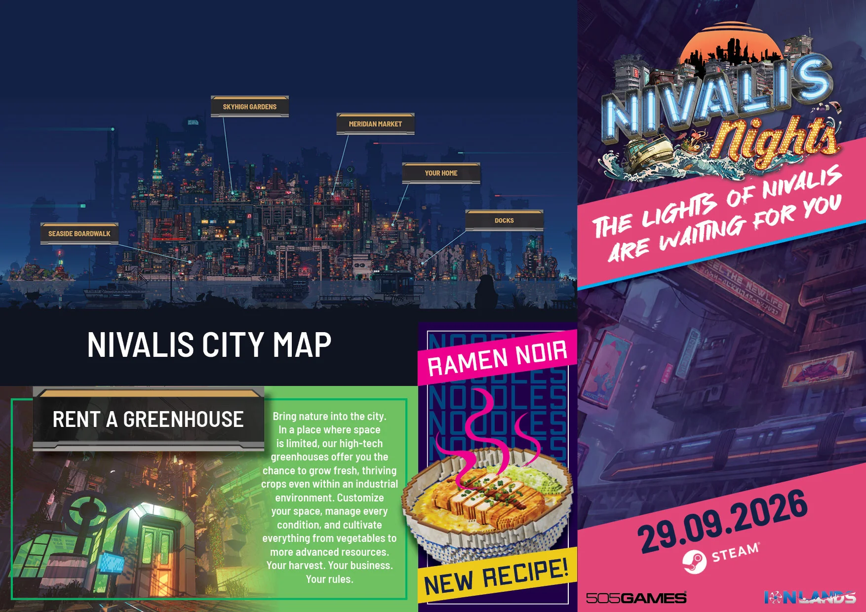 Offizielle Touristenkarte von Nivalis mit Seaside Boardwalk, Skyhigh Gardens, Meridian Market und Docks