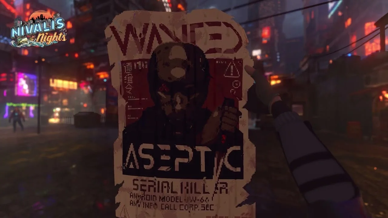 In-game first person perspective showing voxel architecture, volumetric fog and neon lighting
