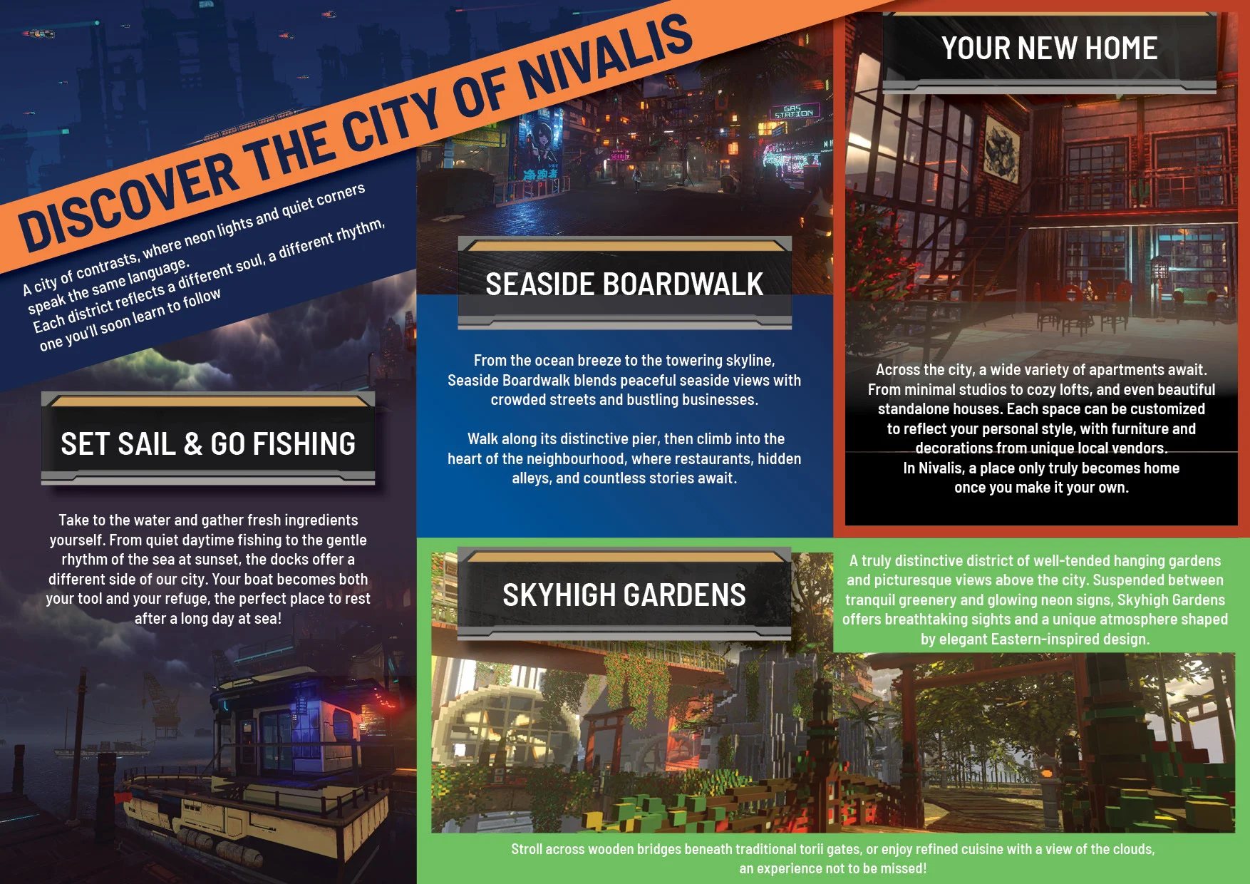 Panoramic view of Nivalis skyline showing multi-level districts, skybridges, and canal waterways